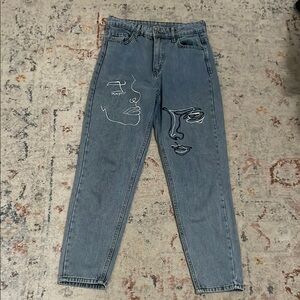 streetwear abstract face print loose straight denim jeans